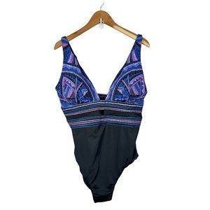 Swimsuits for All Plunge One Piece Swimsuit 14 Black Blue Pink Purple Print